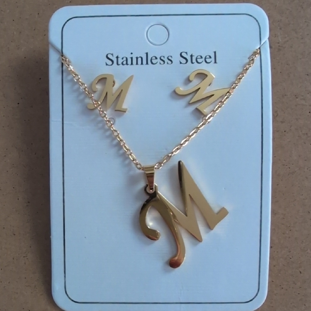 Gold Initial 'M' Necklace and Earrings Stainless Steel Set